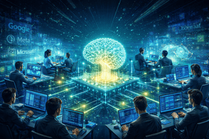 Futuristic open source AI scene with developers working at computer stations around a glowing central digital brain, surrounded by flowing data lines, holographic interfaces, and a blue high tech networked environment.