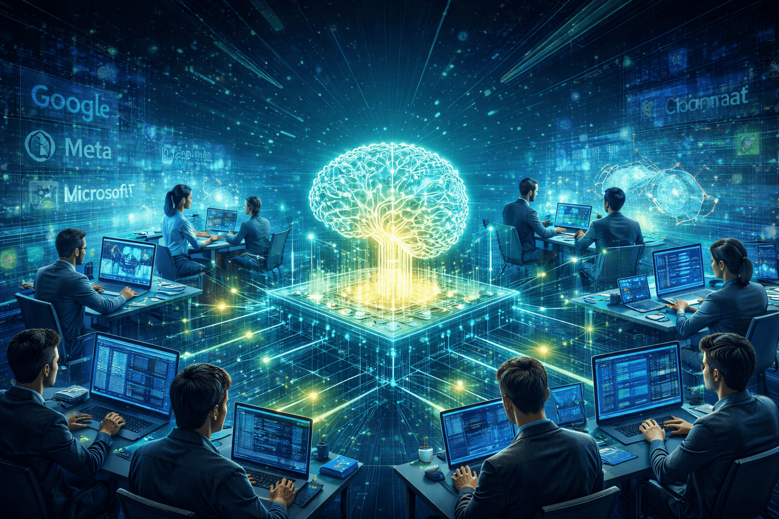 Futuristic open source AI scene with developers working at computer stations around a glowing central digital brain, surrounded by flowing data lines, holographic interfaces, and a blue high tech networked environment.