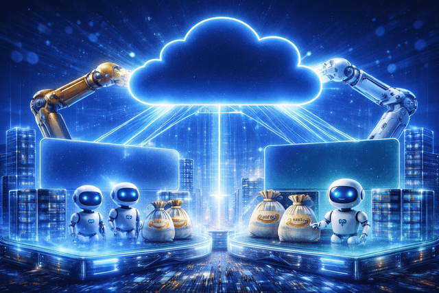 Alt text: A futuristic digital scene showing a glowing central cloud connected by beams of light to two platforms with humanoid robots and money bags, surrounded by data servers and a modern city skyline, representing AI infrastructure, investment, and competing technologies within a shared cloud ecosyste