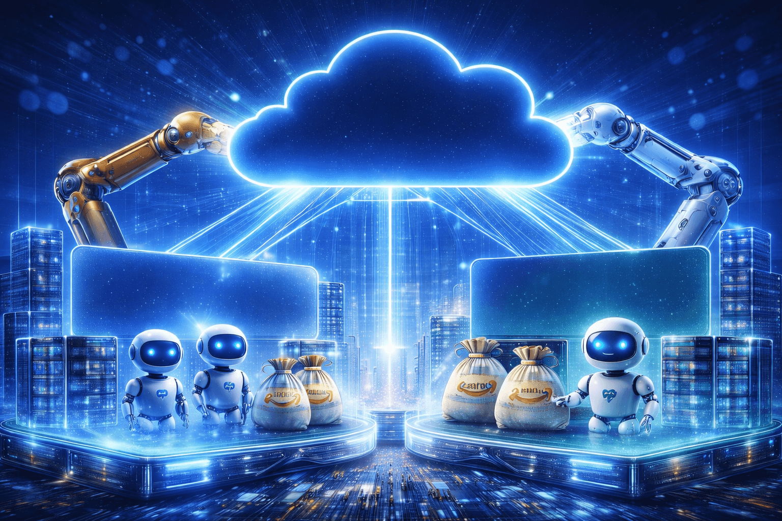 Alt text: A futuristic digital scene showing a glowing central cloud connected by beams of light to two platforms with humanoid robots and money bags, surrounded by data servers and a modern city skyline, representing AI infrastructure, investment, and competing technologies within a shared cloud ecosyste