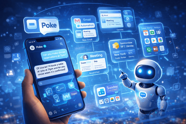 A hand holds a smartphone showing an AI assistant chat interface, surrounded by floating panels for email, calendar, weather, and app automations, while a small glowing robot stands beside the phone against a blue futuristic digital background, representing AI agents that help manage everyday tasks through messaging.
