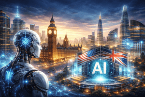 Alt text: A futuristic London skyline at sunset with Big Ben and modern skyscrapers, featuring a glowing humanoid robot in the foreground and a high tech AI themed structure with British and American flag elements, symbolising the intersection of artificial intelligence, geopolitics, and global power.