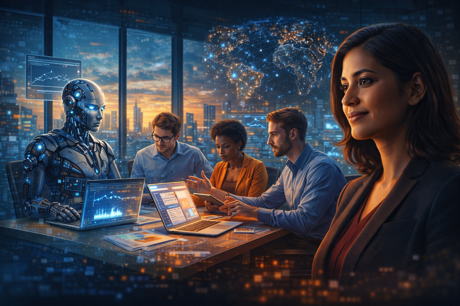 A futuristic office scene showing a diverse team working alongside a humanoid AI robot at a table with laptops and digital dashboards. A confident woman stands in the foreground observing, while a glowing world map and data visualisations fill the background, symbolising global reach and AI-powered teamwork.
