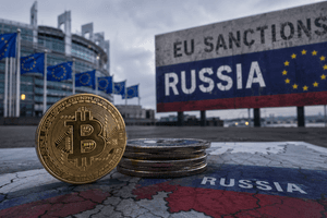 Photorealistic 16:9 image of a Bitcoin coin and stacked coins on a Russia map, with EU flags and an “EU sanctions Russia” billboard in the background, symbolising Europe’s crackdown on Russia-linked crypto routes.