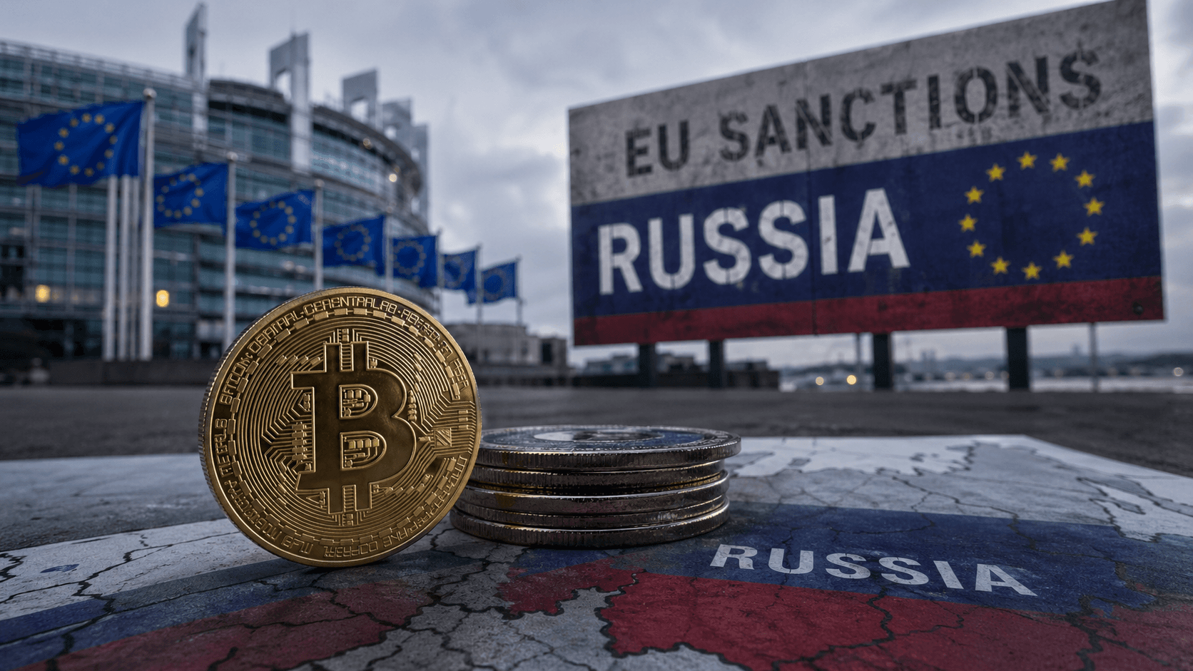 Photorealistic 16:9 image of a Bitcoin coin and stacked coins on a Russia map, with EU flags and an “EU sanctions Russia” billboard in the background, symbolising Europe’s crackdown on Russia-linked crypto routes.