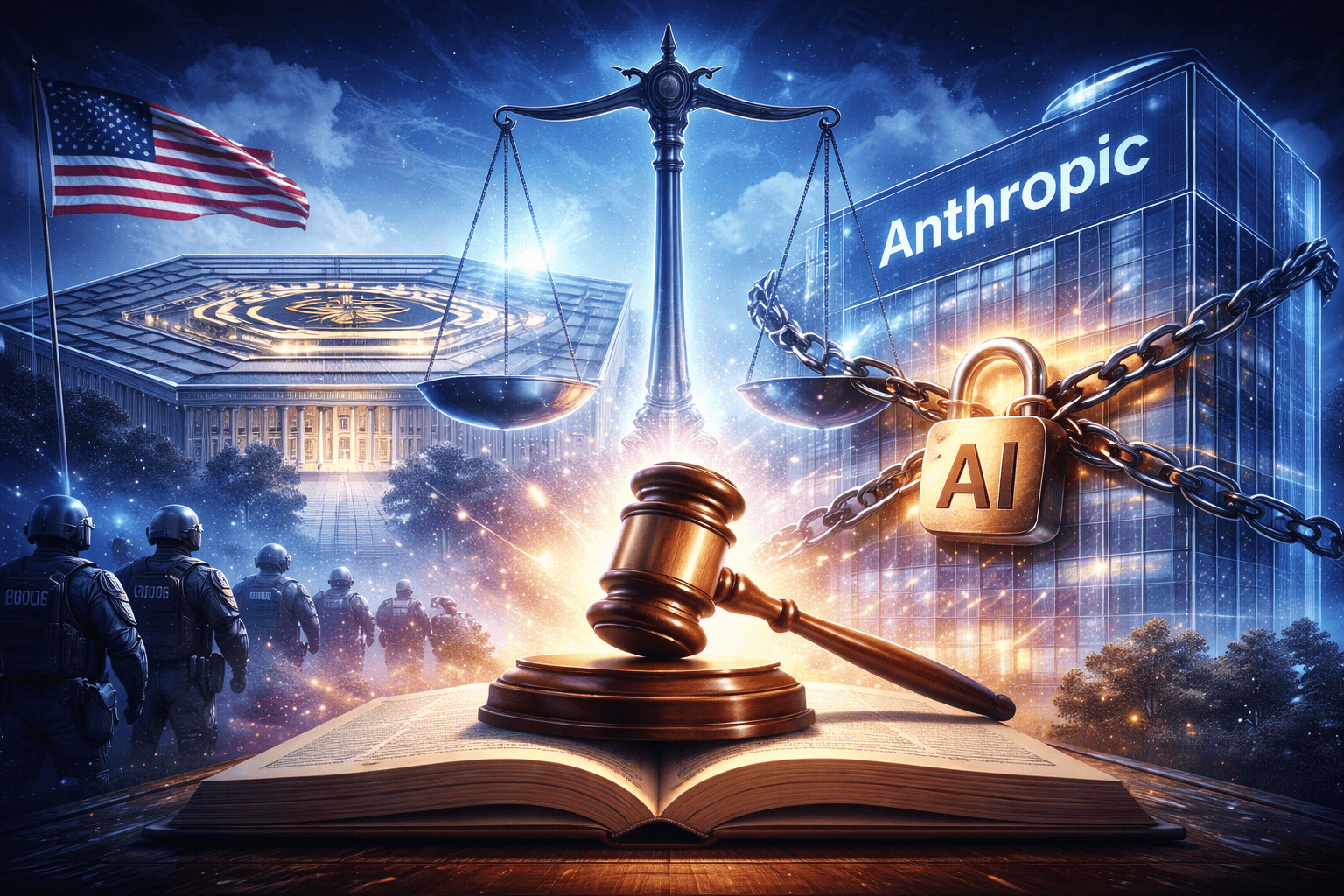 A dramatic scene showing a courtroom gavel and scales of justice in the foreground, with the Pentagon and U.S. flag on one side and a modern tech building secured with chains and an AI lock on the other, symbolising a legal battle between government authority and artificial intelligence companies.