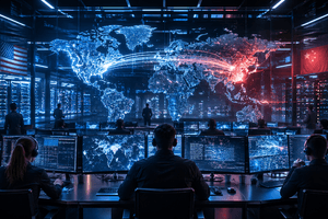 A cinematic AI security operations centre shows analysts monitoring global data flows and server systems during a tense international technology dispute.
