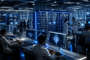 A photorealistic AI research lab with engineers working beside glowing servers and advanced computer systems.