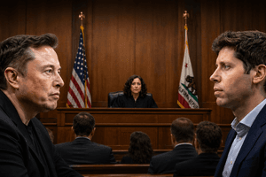 A cinematic courtroom scene showing two men in profile facing each other from opposite sides, with a judge seated at the bench in the center. The courtroom features dark wooden paneling, the United States and California flags behind the judge, and blurred audience members seated in the foreground. The lighting is dramatic and focused, creating a tense and serious atmosphere.