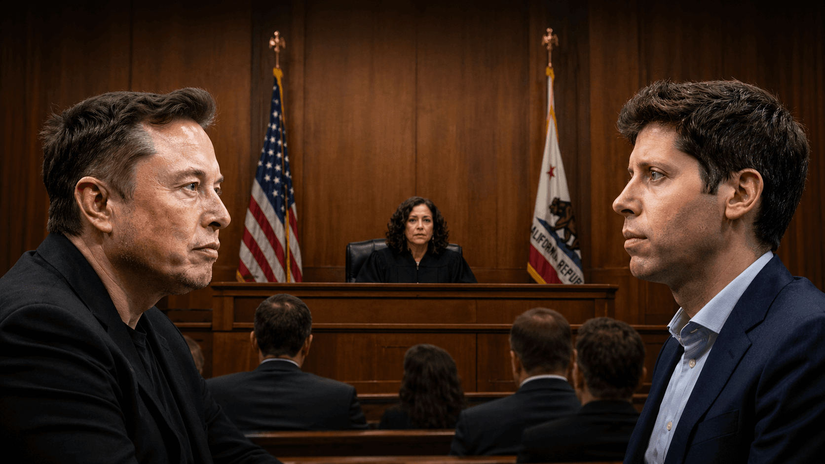A cinematic courtroom scene showing two men in profile facing each other from opposite sides, with a judge seated at the bench in the center. The courtroom features dark wooden paneling, the United States and California flags behind the judge, and blurred audience members seated in the foreground. The lighting is dramatic and focused, creating a tense and serious atmosphere.