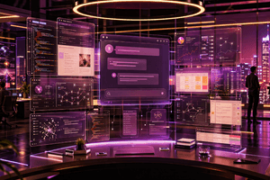 A futuristic AI workspace shows coding tools, browser panels, research screens, and workflow dashboards merging into one unified digital system.