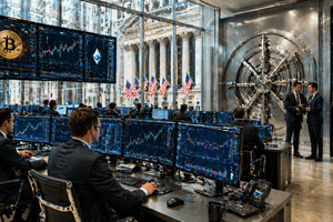 Institutional traders monitor crypto ETF custody systems beside glowing blockchain data streams and a secure digital vault.