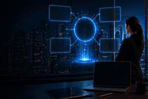 mage of a modern digital workspace showing holographic marketing dashboards, AI-generated content panels, and brand analytics overlays, with a creative professional monitoring multiple screens, symbolising Adobe’s role as the control layer for AI-driven customer experience.