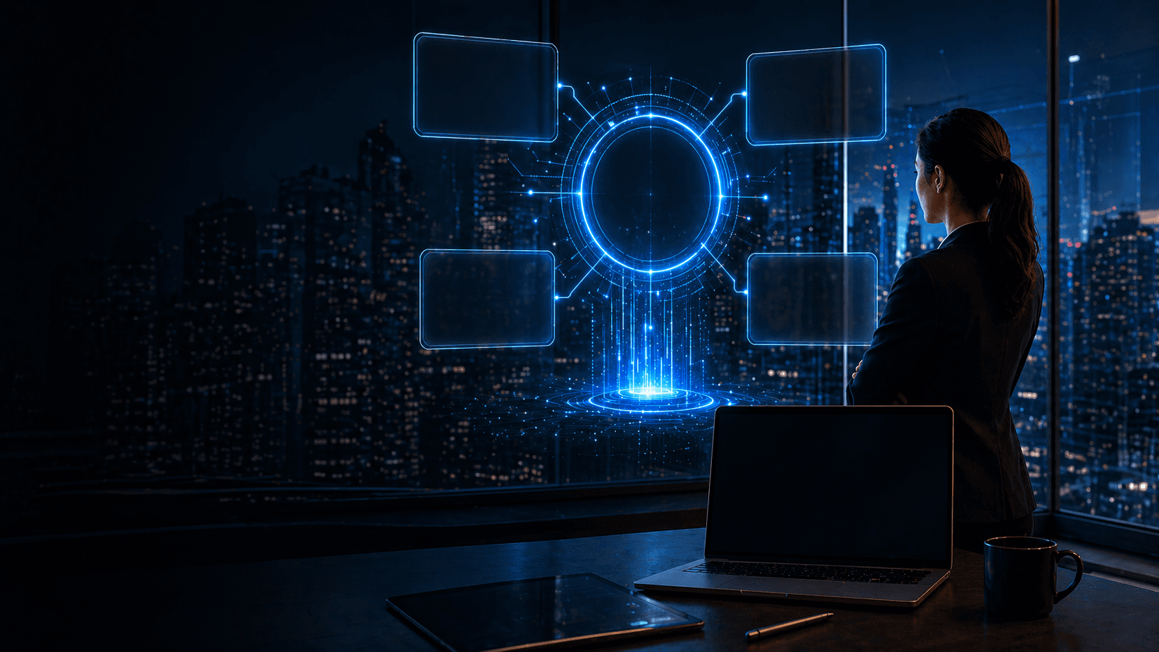 mage of a modern digital workspace showing holographic marketing dashboards, AI-generated content panels, and brand analytics overlays, with a creative professional monitoring multiple screens, symbolising Adobe’s role as the control layer for AI-driven customer experience.