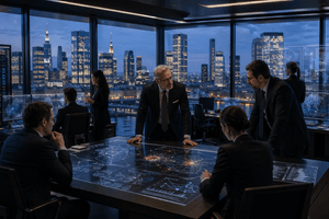 A photorealistic European banking operations room at dusk where officials and cybersecurity staff monitor advanced AI-driven threat data with a city skyline in the background.