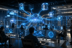 A futuristic AI operations centre shows human supervisors monitoring networks of specialised AI agents as they coordinate across enterprise systems and cloud infrastructure.