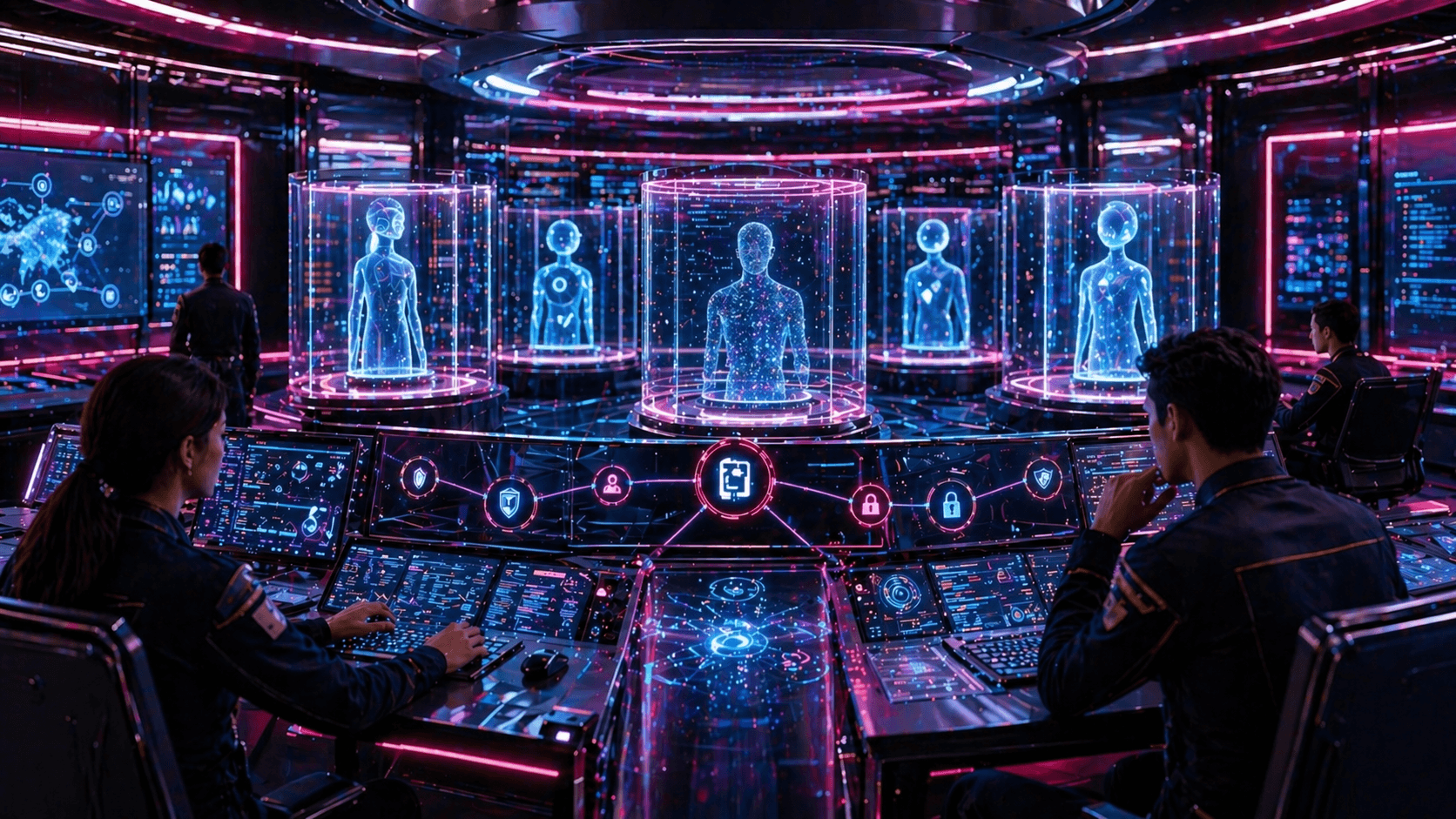 Engineers monitor glowing AI agent sandboxes, policy controls, and secure infrastructure layers inside a futuristic cybersecurity operations room.