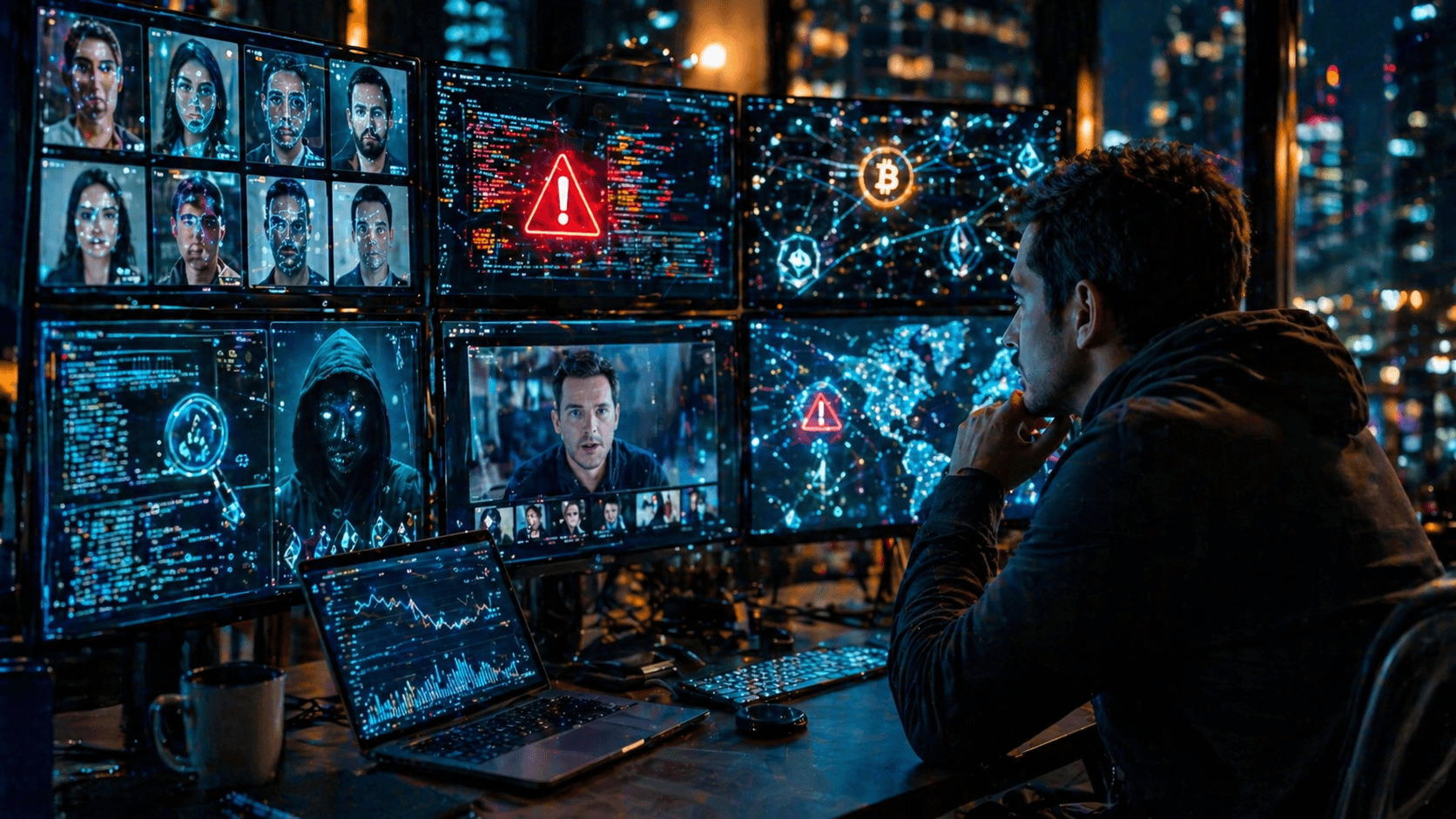 A crypto trader sits at night surrounded by screens showing fake profiles, wallet alerts, deepfake video windows, and glowing blockchain data.