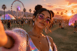 A wide cinematic festival scene at sunset showing a stylish young woman taking a selfie in a crowded outdoor event space. She wears reflective pink sunglasses and shimmering pastel clothing, with palm trees, a ferris wheel, glowing dome tents, and a golden orange sky creating a dreamy influencer style atmosphere.