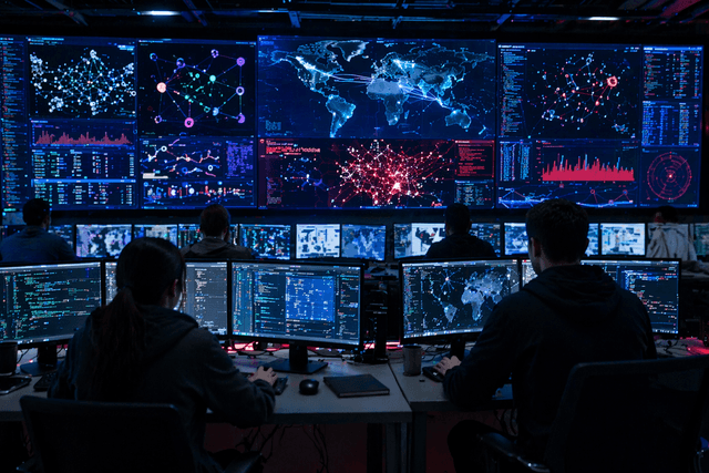 A photorealistic control room shows security engineers watching AI driven alerts, blockchain data flows, and smart contract risk dashboards during a live crypto security incident.