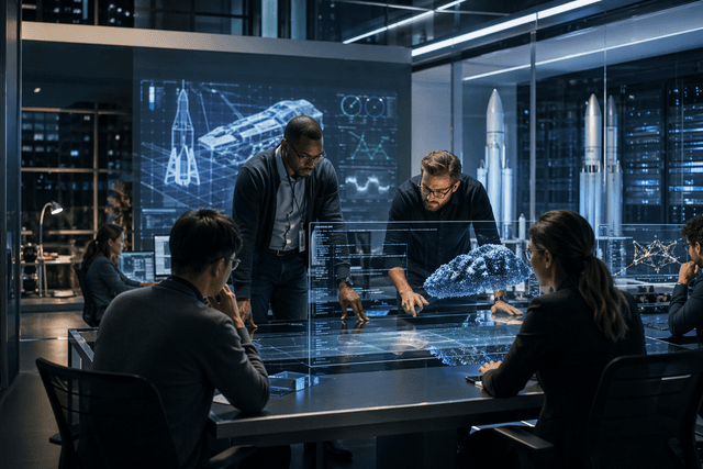 A photorealistic aerospace and AI engineering operations room at night where researchers and developers review large-scale coding systems and compute infrastructure