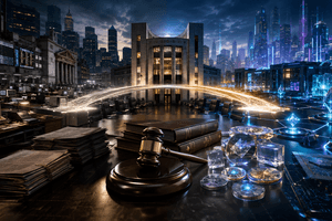 A cinematic regulatory scene shows a glowing bridge between 1990s electronic trading systems and futuristic on-chain crypto markets