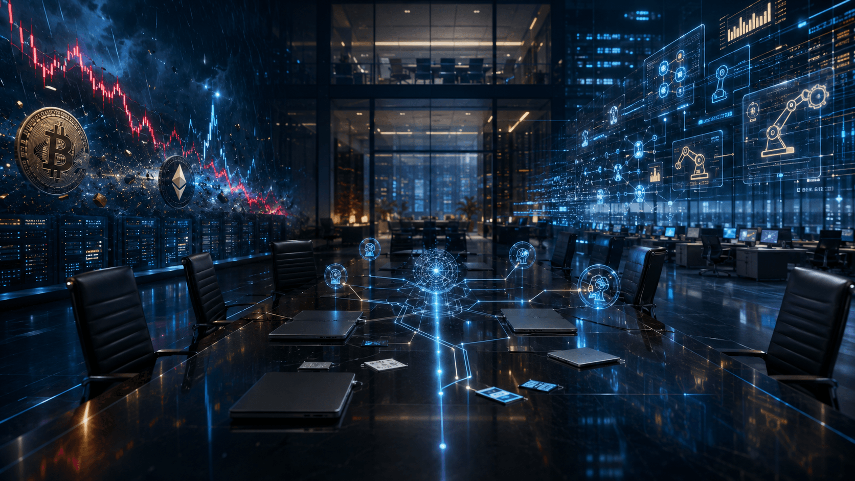 A cinematic crypto office scene shows empty chairs, AI workflow holograms, market volatility, and automation nodes representing a workforce cost reset.