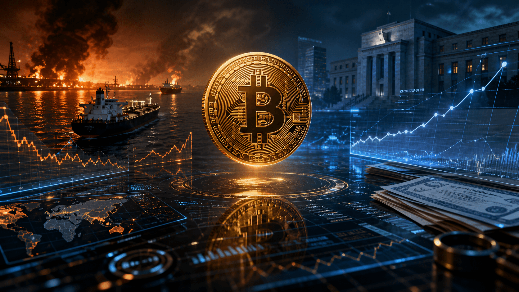 A cinematic Bitcoin scene shows the coin suspended between oil tankers, bond-market data, and rising financial pressure