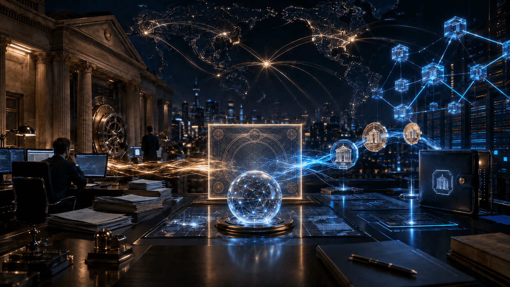A cinematic image of tokenized Treasury settlement connecting traditional banking infrastructure with glowing blockchain payment rails across global financial hubs.