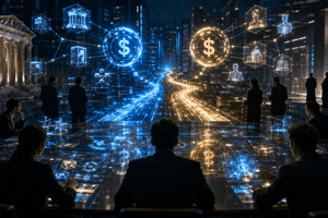 A cinematic financial technology war room shows two glowing blockchain payment rails competing beneath a network of digital dollar infrastructure