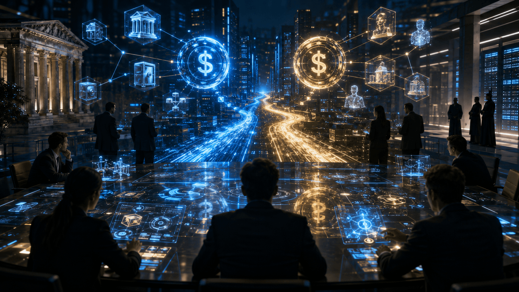A cinematic financial technology war room shows two glowing blockchain payment rails competing beneath a network of digital dollar infrastructure