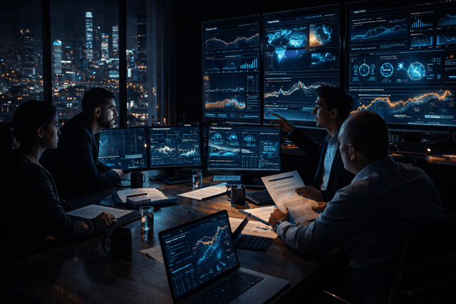 A photorealistic late-night startup boardroom where founders and investors review AI market dashboards, growth charts, and acquisition options.