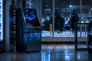 A crypto ATM sits inside a quiet convenience store at night while investigators stand outside, symbolising Canada’s proposed crackdown on crypto ATM fraud.