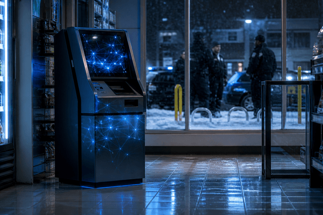 A crypto ATM sits inside a quiet convenience store at night while investigators stand outside, symbolising Canada’s proposed crackdown on crypto ATM fraud.