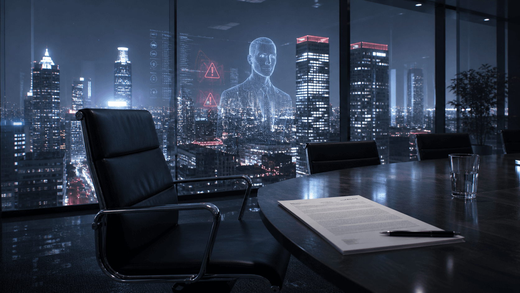 A cinematic night scene of an empty office chair, a glowing AI reflection, and legal paperwork symbolising the clash between automation and worker protections.