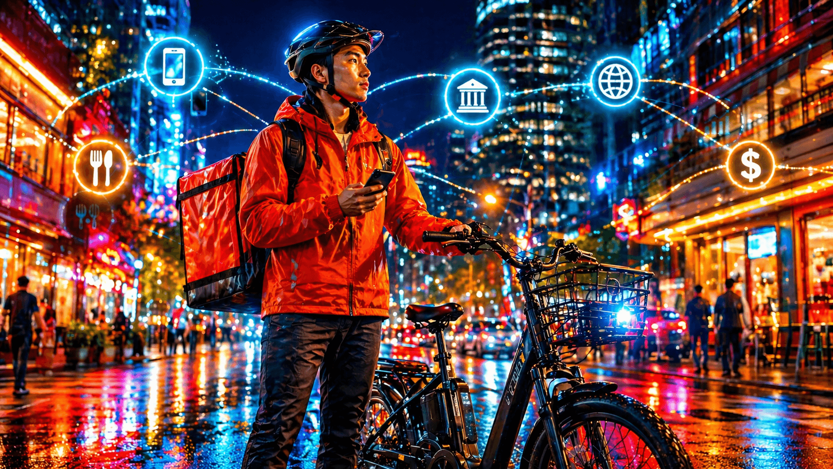 A delivery rider beside an electric bike in a modern city with subtle digital payment network lines connecting restaurants, phones, and financial systems.