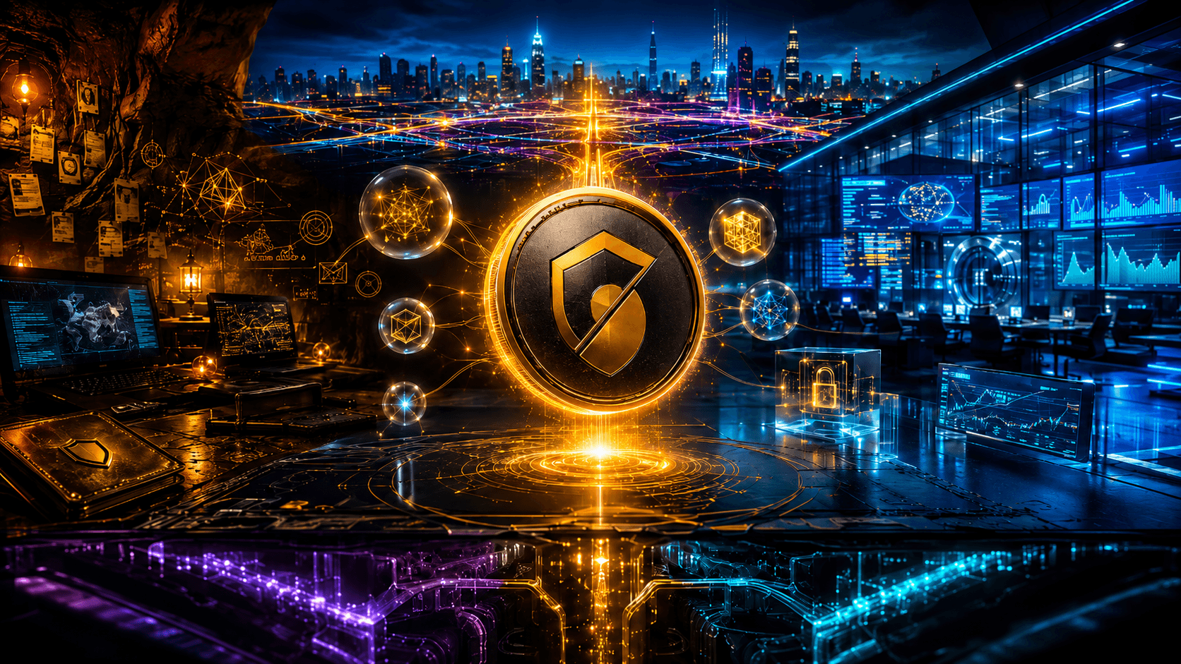 A cinematic privacy coin scene shows a glowing shielded token between cypherpunk laptops and institutional trading desks, symbolising Zcash’s return to the market spotlight.