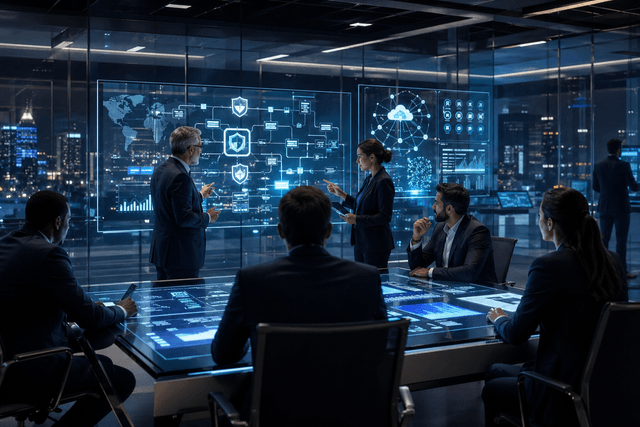 A futuristic enterprise command centre showing CIOs and engineers reviewing AI rollout dashboards, data pipelines, governance systems and business performance screens.