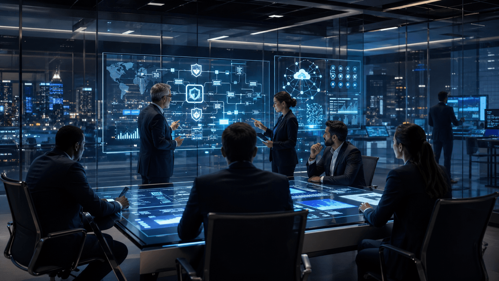 A futuristic enterprise command centre showing CIOs and engineers reviewing AI rollout dashboards, data pipelines, governance systems and business performance screens.