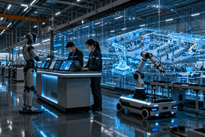 A photorealistic robotics operations center with advanced humanoid and industrial robots working in a sleek high tech environment with reflective surfaces and cinematic lighting.