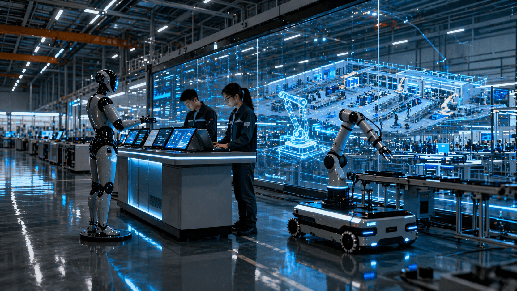 A photorealistic robotics operations center with advanced humanoid and industrial robots working in a sleek high tech environment with reflective surfaces and cinematic lighting.