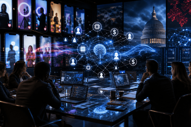 A cinematic campaign room shows smartphones, AI dashboards, money symbols, and voter silhouettes connected by a glowing web of digital influence.
