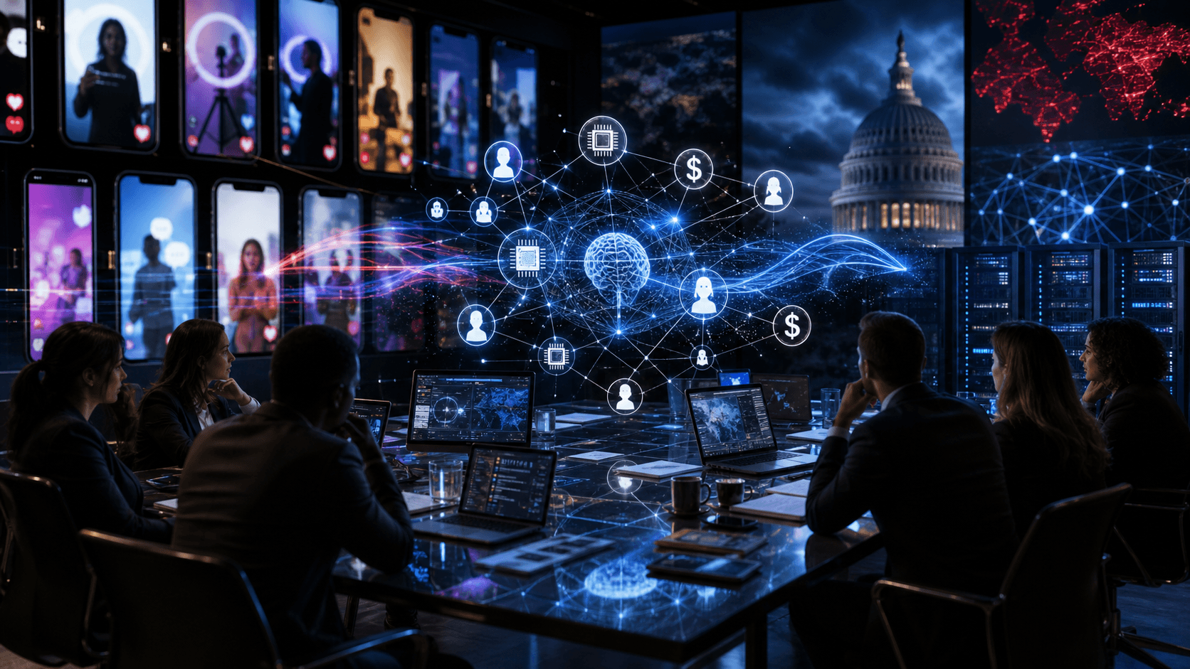 A cinematic campaign room shows smartphones, AI dashboards, money symbols, and voter silhouettes connected by a glowing web of digital influence.