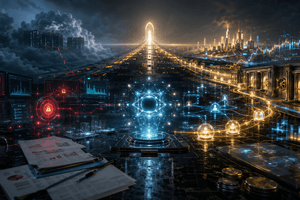 A cinematic crypto exchange scene shows outage stress, weak earnings pressure, and a glowing path toward AI-powered stablecoin infrastructure