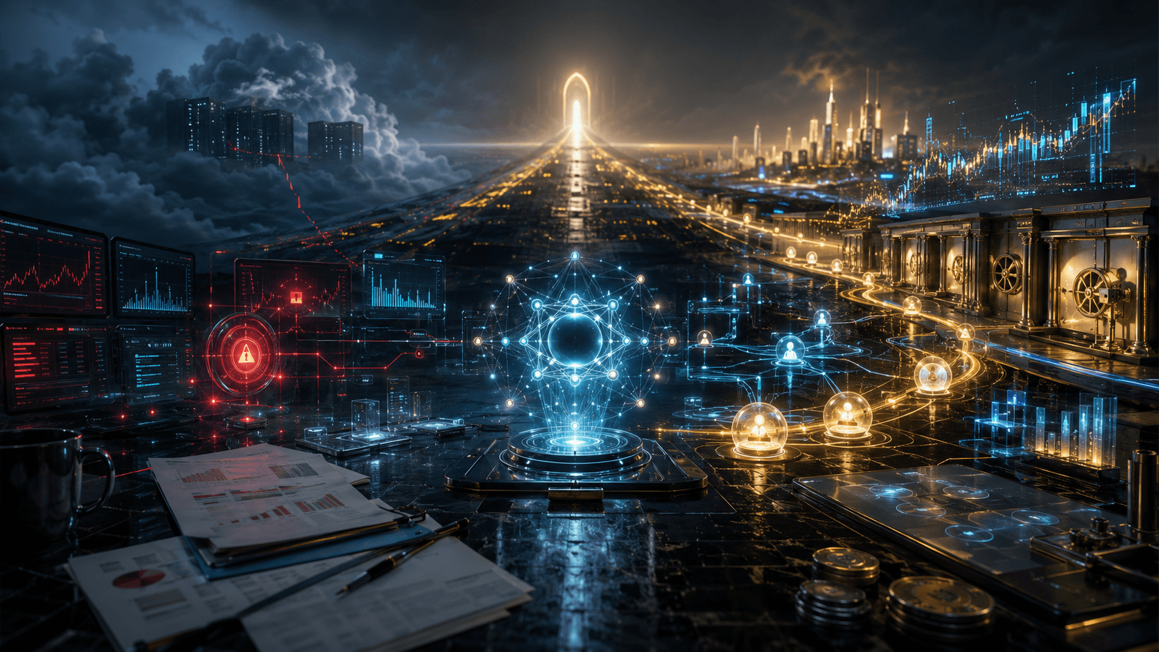 A cinematic crypto exchange scene shows outage stress, weak earnings pressure, and a glowing path toward AI-powered stablecoin infrastructure
