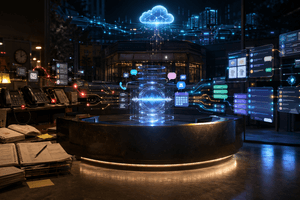 A cinematic AI front desk scene shows calls, messages, calendars, order systems, and customer routing flowing through a glowing AI receptionist hub.