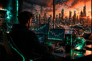 A person sits at a multi-monitor trading setup in a modern high-rise apartment, analyzing financial charts on several screens. The room is lit with teal accent lighting, while a glowing city skyline at sunset fills the large windows, creating a cinematic, futuristic atmosphere focused on technology, trading, and data analysis.