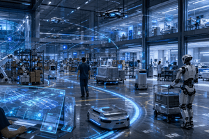 A futuristic smart facility showing different robots safely coordinating with shared digital pathways while human workers move through the same space.