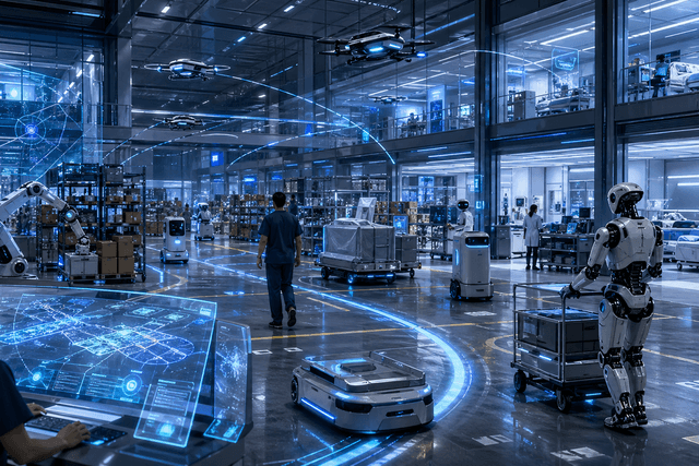 A futuristic smart facility showing different robots safely coordinating with shared digital pathways while human workers move through the same space.
