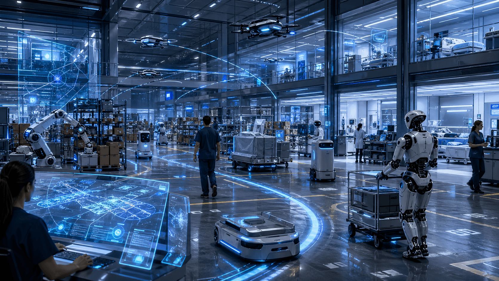 A futuristic smart facility showing different robots safely coordinating with shared digital pathways while human workers move through the same space.
